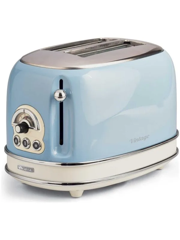 ARIETE TOASTER VINTAGE CELESTE (0155/05) - TOSTAPANE ELETTRICO IN METALLO - 6 LIVELLI DORATURA - ESPULSIONE AUTOMATICA - 810W